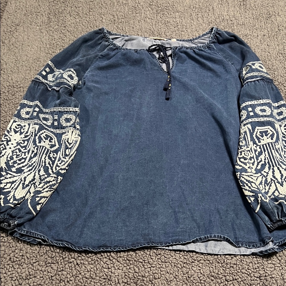 Soft Surroundings Embroidered Indigo Peasant Blouse - White Detail Large - Picture 2 of 10